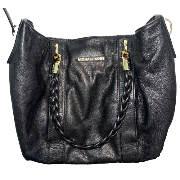 MICHAEL KORS ❤️ Black Leather Satchel Bag with MK Bag Charm - Picture 5 of 10